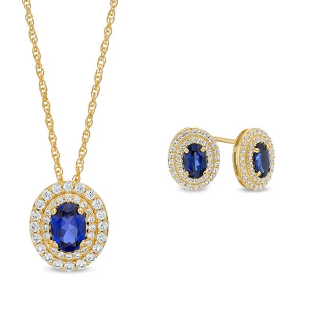 Oval Blue and White Lab-Created Sapphire Double Frame Pendant and Stud Earrings Set in 14K Gold Over Silver