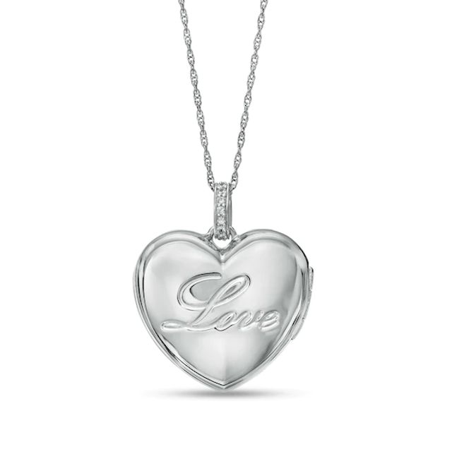 White Lab-Created Sapphire Etched Cursive "Love" Puff Heart Locket in Sterling Silver