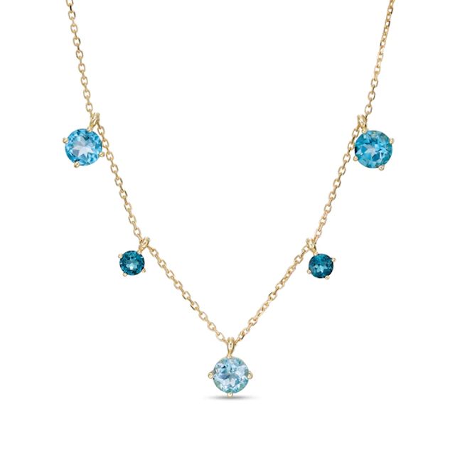 Swiss, London and Sky Blue Topaz Alternating Dangle Station Necklace in 10K Gold