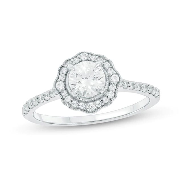 3/4 CT. T.w. Diamond Frame Vintage-Style Flower Engagement Ring in 14K White Gold (I/I2)