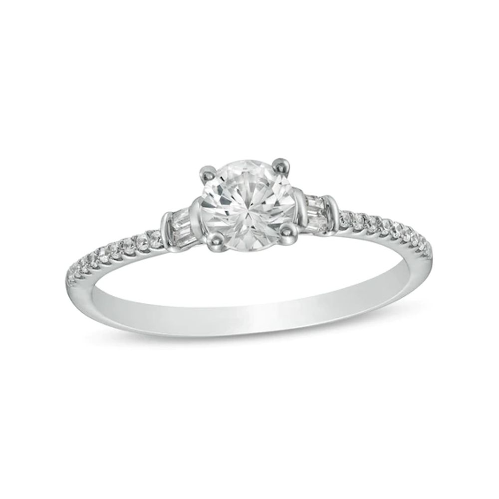 White Lab-Created Sapphire and 1/10 CT. T.w. Baguette and Round Diamond Side Accent Engagement Ring in 10K White Gold