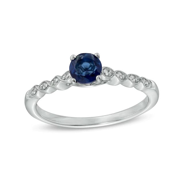 5.0mm Blue Lab-Created Sapphire and Diamond Accent Cascade Shank Engagement Ring in Sterling Silver