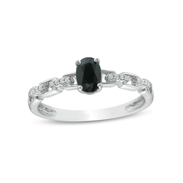 Oval Black Sapphire and 1/20 CT. T.w. Diamond Chain Link Shank Engagement Ring in Sterling Silver