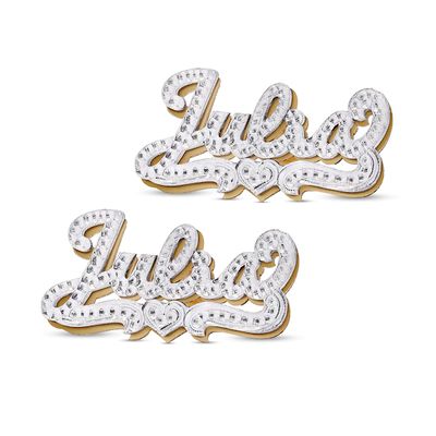 Hammered Script Name with Heart Ribbon Accent Stud Earrings in Sterling Silver and 14K Gold Over Silver (1 Line)