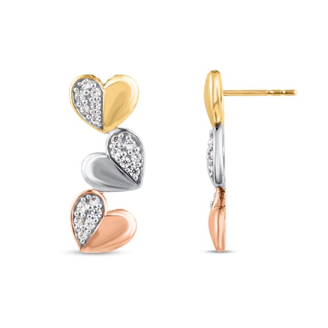 1/6 CT. T.w. Diamond Heart Trio Stacked Drop Earrings in 10K Tri-Tone Gold