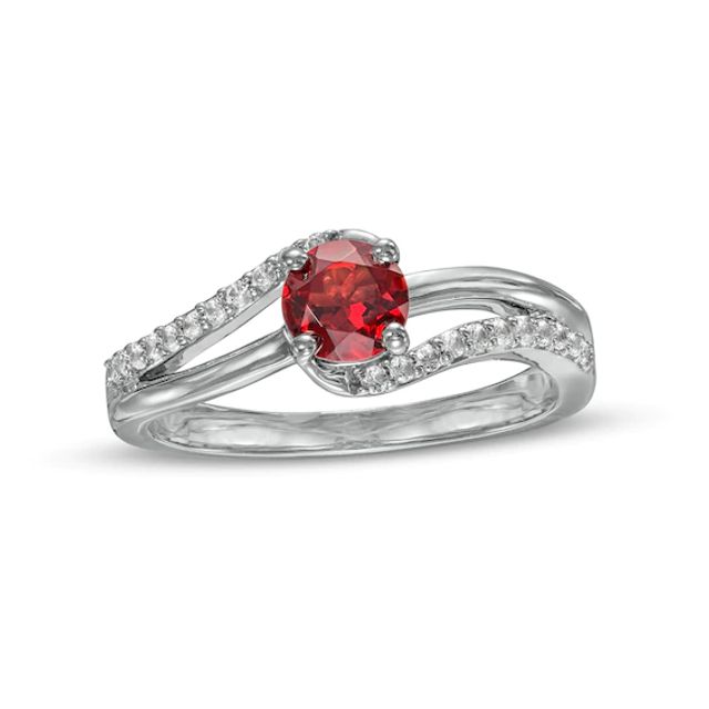 5.0mm Garnet and White Lab-Created Sapphire Bypass Split Shank Ring in Sterling Silver