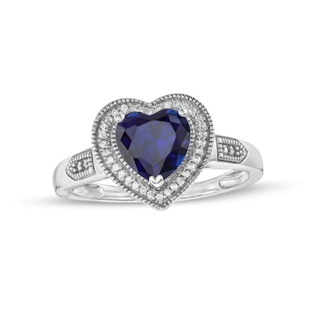 Heart-Shaped Blue Lab-Created Sapphire and 1/20 CT. T.w. Diamond Frame Vintage-Style Ring in Sterling Silver