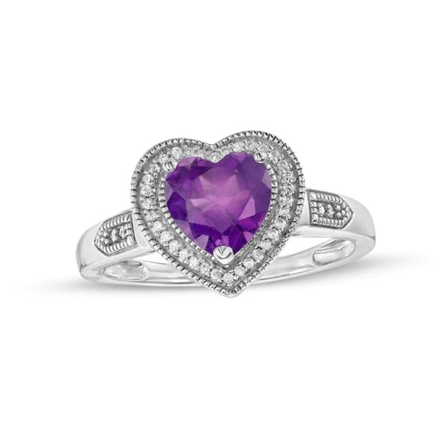 Heart-Shaped Amethyst and 1/20 CT. T.w. Diamond Frame Vintage-Style Ring in Sterling Silver