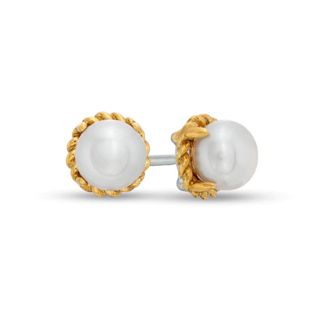 6.0-6.5mm Button Cultured Freshwater Pearl Rope-Textured Frame Stud Earrings in Sterling Silver and 10K Gold