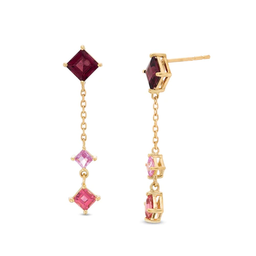 Princess-Cut Rhodolite Garnet, Pink Sapphire and Tourmaline Tilted Linear Chain Drop Earrings in 10K Gold