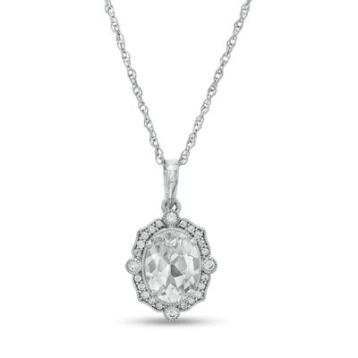 Oval White Lab-Created Sapphire and 1/10 CT. T.w. Diamond Ornate Frame Vintage-Style Pendant in 10K White Gold