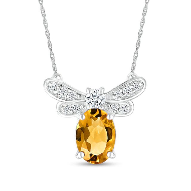 Oval Citrine and White Lab-Created Sapphire Dragonfly Necklace in Sterling Silver