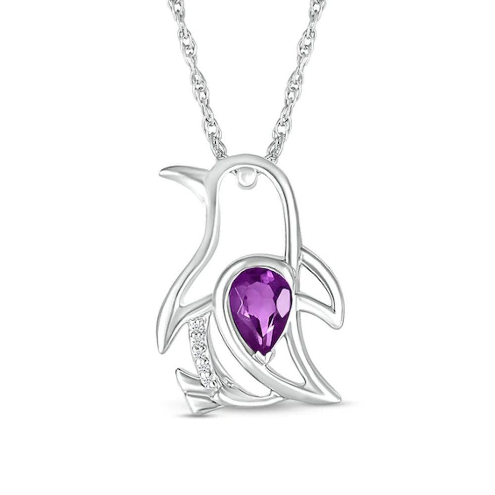 Pear-Shaped Amethyst and Diamond Accent Sitting Penguin Outline Pendant in Sterling Silver