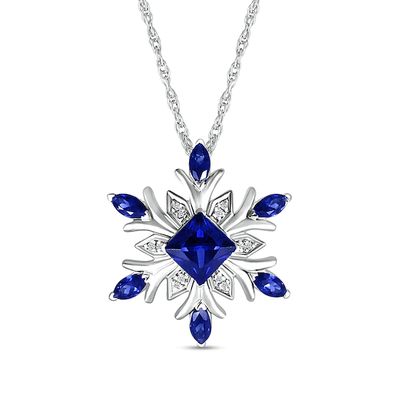 5.0mm Princess-Cut and Marquise Blue Lab-Created Sapphire with Diamond Accent Snowflake Pendant in Sterling Silver