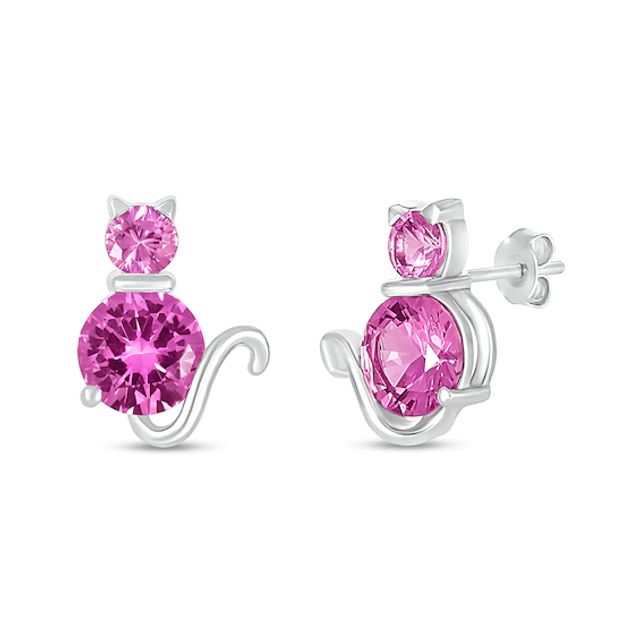 Pink Lab-Created Sapphire Cat Stud Earrings in Sterling Silver
