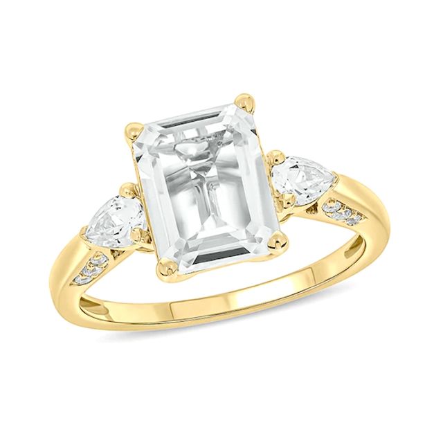 Emerald-Cut White Lab-Created Sapphire and 1/10 CT. T.w. Diamond Side Accent Ring in Sterling Silver and 14K Gold Plate