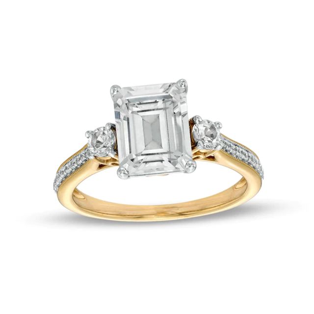 Emerald-Cut White Lab-Created Sapphire and 1/10 CT. T.w. Diamond Three Stone Engagement Ring in 14K Gold Over Silver