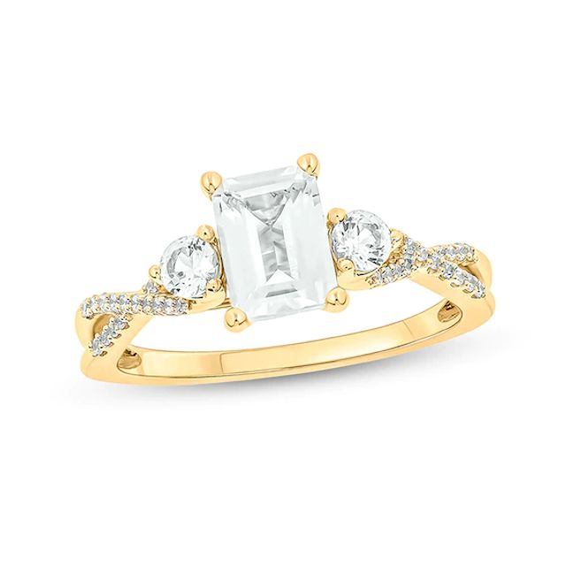 Emerald-Cut White lab-Created Sapphire and 1/10 CT. T.w. Diamond Three Stone Ring in Sterling Silver and 14K Gold Plate