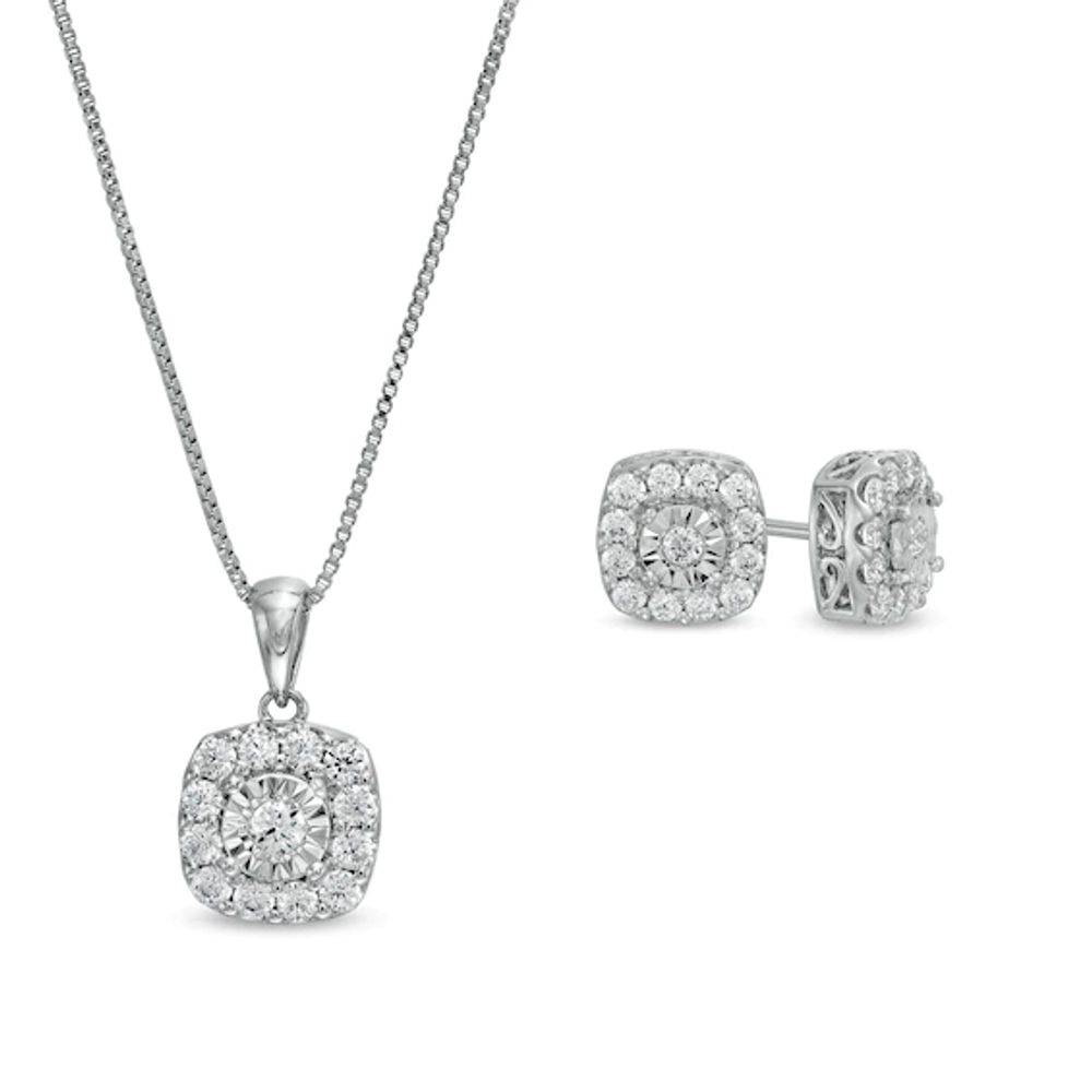 1 CT. T.w. Diamond Cushion-Shaped Frame Pendant and Stud Earrings Set in Sterling Silver