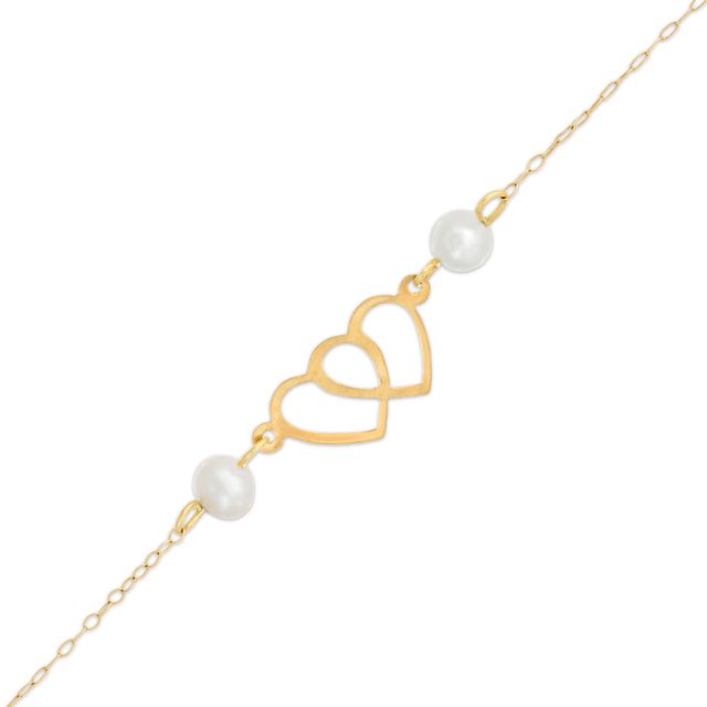 Child's 4.5-5.0mm Freshwater Cultured Pearl Double Heart Bracelet in 14K Gold â 6"