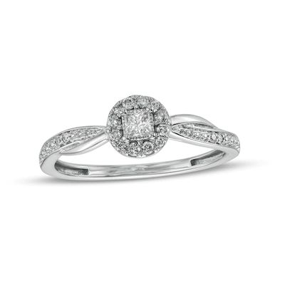 Cherished Promise Collectionâ¢ 1/5 CT. T.w. Princess-Cut Diamond Round Frame Twist Shank Promise Ring in 10K White Gold