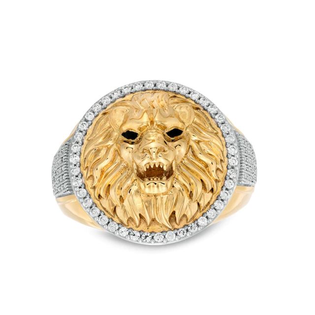 Men's 1/2 CT. T.w. Diamond Circle Frame Lion Head Domed Ring in 10K Gold and Black Rhodium