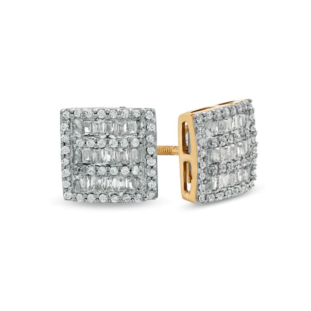 Men's 1/2 CT. T.w. Baguette and Round Diamond Square Frame Alternating Stripe Stud Earrings in 10K Gold