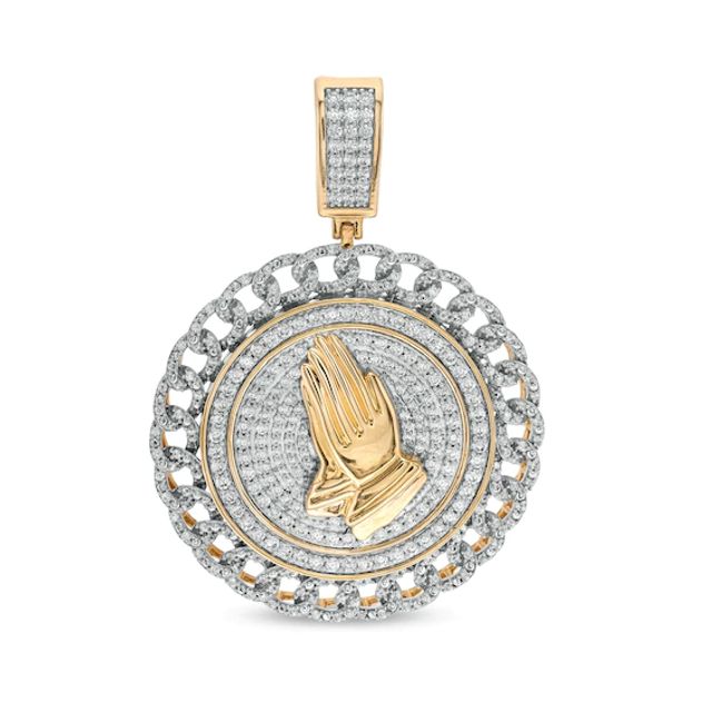 2-1/2 CT. T.w. Diamond Curb Chain Link Frame Praying Hands Medallion Necklace Charm in 10K Gold