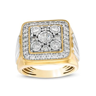 1-3/8 CT. T.w. Square-Shaped Multi-Diamond Frame Ribbed Side Accent Ring in 10K Two-Tone Gold
