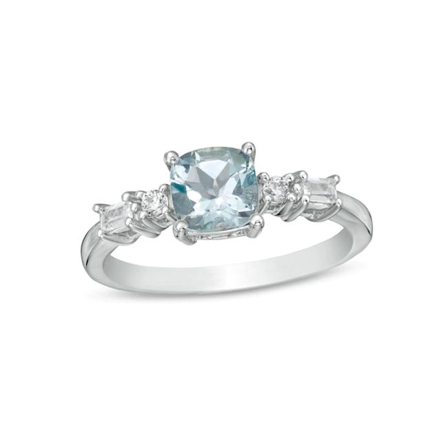 6.0mm Cushion-Cut Aquamarine and 1/6 CT. T.w. Baguette and Round Diamond Side Accent Ring in 14K White Gold