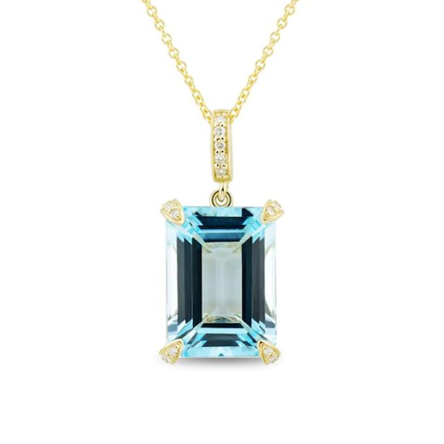 Emerald-Cut Faceted Sky Blue Topaz and 1/15 CT. T.w. Diamond Four-Corner Overlay Accent Drop Pendant in 10K Gold