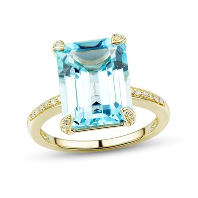 Emerald-Cut Faceted Sky Blue Topaz and 1/10 CT. T.w. Diamond Four-Corner Overlay Accent Ring in 10K Gold - Size 7