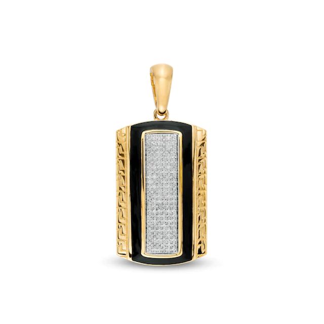 1/3 CT. T.w. Diamond Rectangular Frame with Greek Key Border Dog Tag Necklace Charm in 10K Gold and Black Ceramic