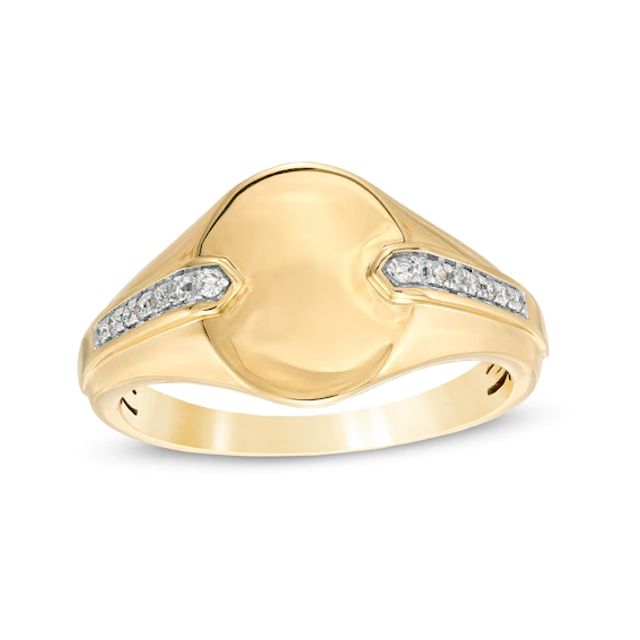 Men's 1/10 CT. T.w. Diamond Chevron Shank Overlay Oval Signet Ring in 10K Gold