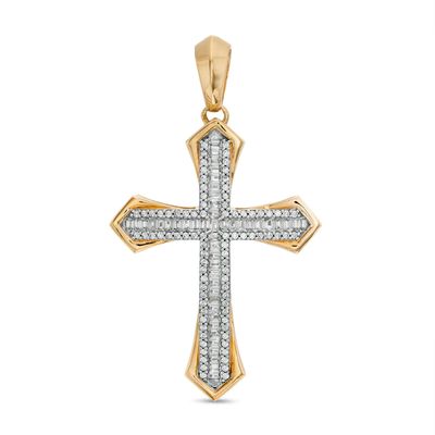 Men's 1 CT. T.w. Baguette and Round Diamond Triple Row Gothic-Style Cross Necklace Charm in 10K Gold