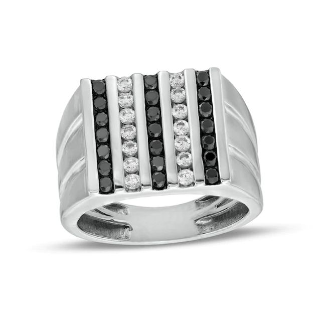 1 CT. T.w. Black Enhanced and White Diamond Vertical Multi-Row Double Groove Shank Ring in 10K White Gold