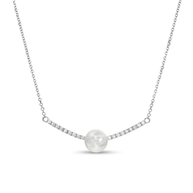 7.0-7.5mm Freshwater Cultured Pearl and 1/8 CT. T.w. Diamond Curved Bar Necklace in 10K White Gold