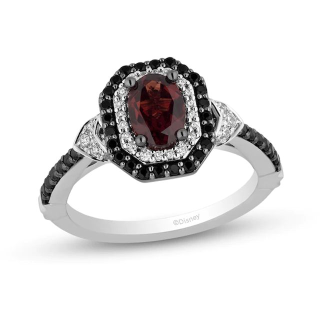 Enchanted Disney Evil Queen Oval Garnet and 1/2 CT. T.w. Diamond Octagonal Frame Engagement Ring in 14K White Gold