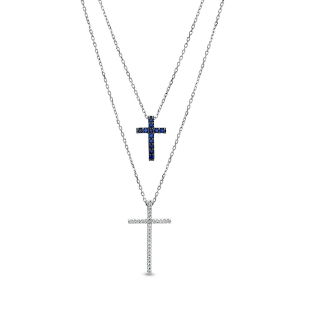 Vera Wang Love Collection Blue Sapphire and 1/6 CT. T.w. Diamond Layered Double Cross Necklace in 10K White Gold