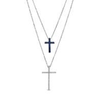 Vera Wang Love Collection Blue Sapphire and 1/6 CT. T.w. Diamond Layered Double Cross Necklace in 10K White Gold
