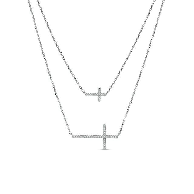 Vera Wang Love Collection 1/5 CT. T.w. Diamond Double Strand Sideways Cross Pendant in 10K White Gold â 28.5"