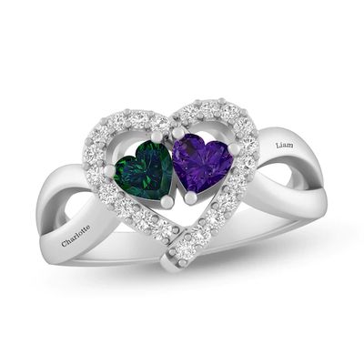 Couple's Gemstone and Lab-Created White Sapphire Heart Frame Split Shank Ring (2 Stones and Lines)