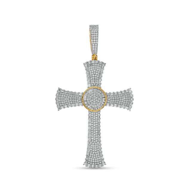 Men's 2 CT. T.w. Baguette and Round Diamond Circle center Flared Cross Necklace Charm in 10K Gold