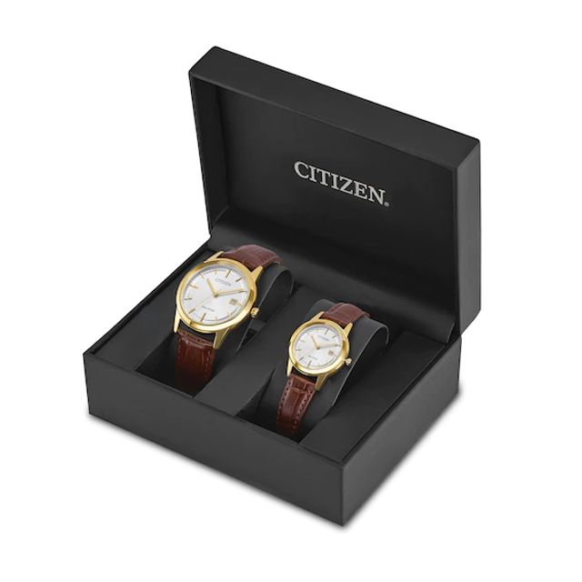 His and Hers Citizen Eco-DriveÂ® Corso Gold-Tone Strap Watch with White Dial (Model: Pairs-Retail-0102-A)