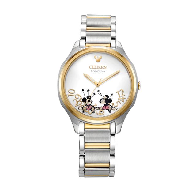 Ladies' Citizen Eco-DriveÂ® Mickey & Minnie Mouse Two-Tone Watch with Silver-Tone Dial (Model: Em0754-59W)