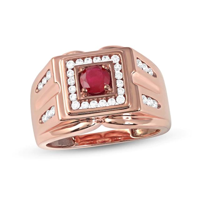 Men's 5.0mm Ruby and 1/2 CT. T.w. Diamond Square Frame Double Row with Groove Shank Ring in 10K Rose Gold