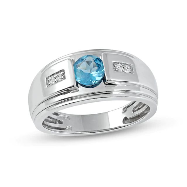6.0mm Swiss Blue Topaz and 1/20 CT. T.w. Diamond Stepped Edge Ring in Sterling Silver