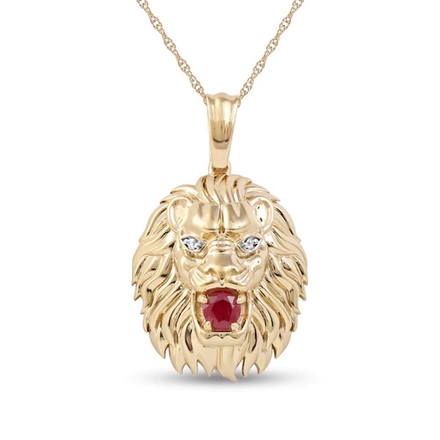 Men's 4.0mm Ruby and Diamond Accent Lion Head Pendant in 10K Gold - 22"