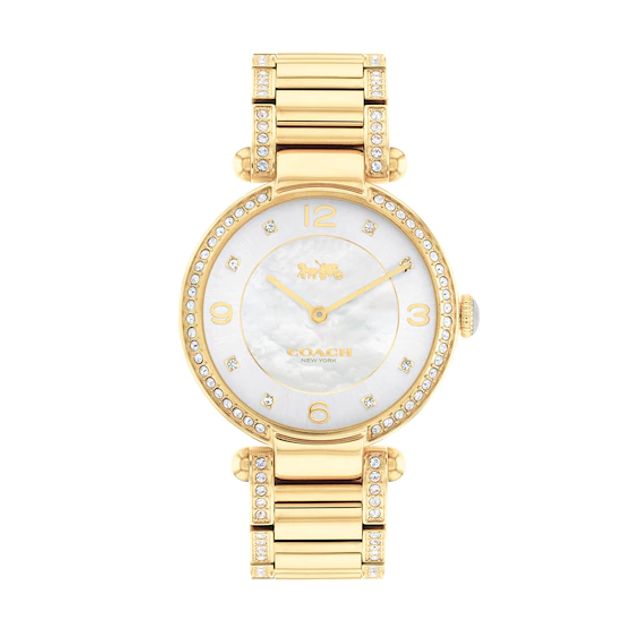 Ladies' Coach Cary Crystal Accent Gold-Tone Watch with Mother-of-Pearl Dial (Model: 14503832)