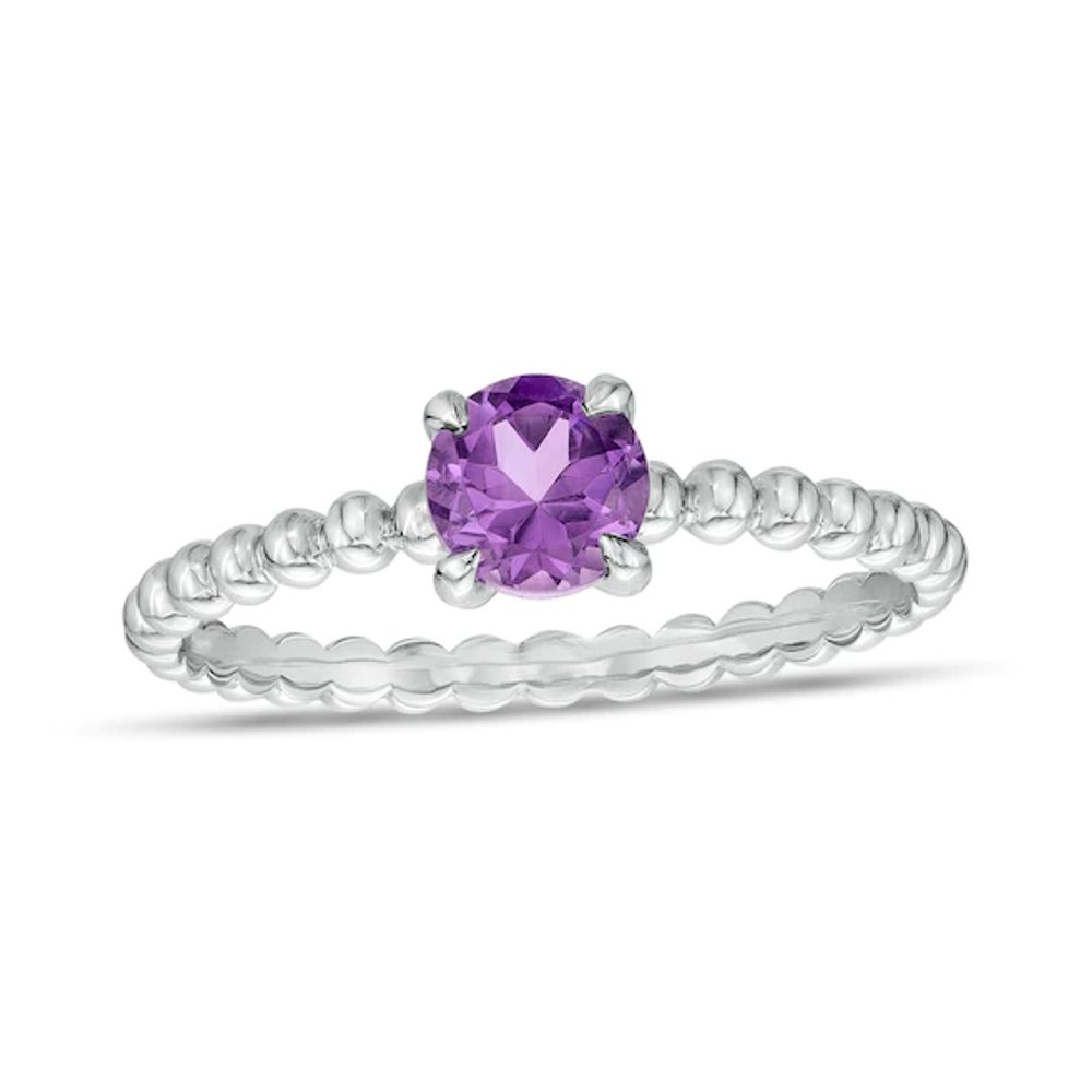 5.0mm Amethyst Beaded Comfort-Fit Stackable Ring in 10K White Gold - Size 7